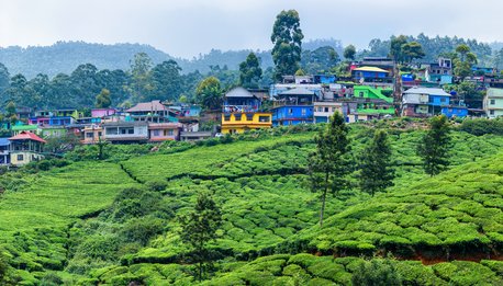 Panoramic beautiful village and tea plantations in Munnar, Kerala, India.