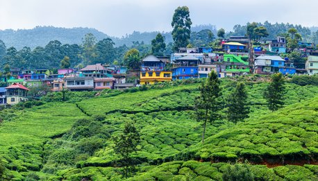 Panoramic beautiful village and tea plantations in Munnar, Kerala, India.